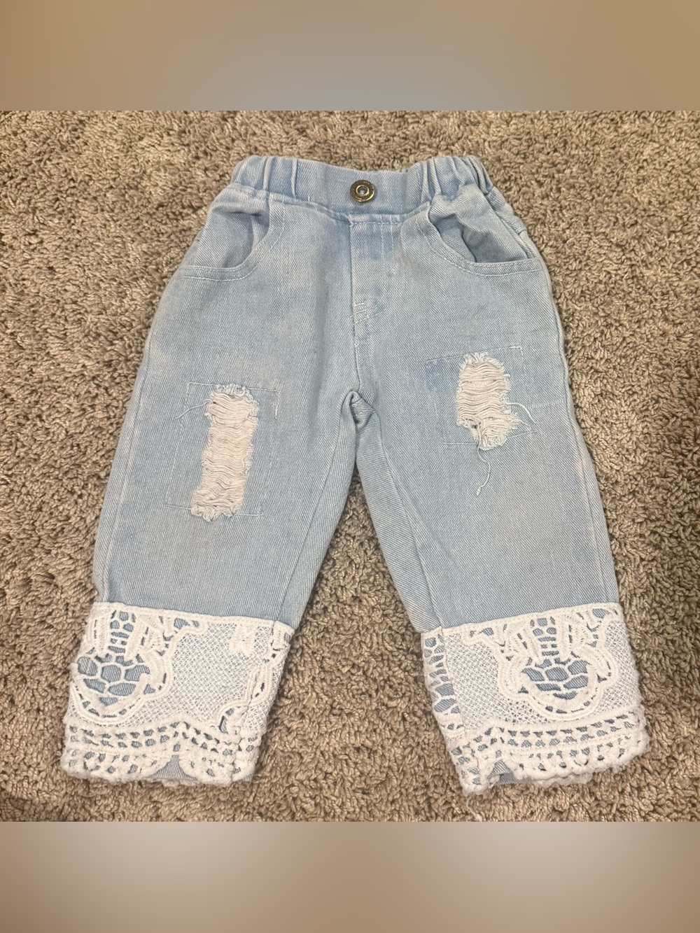 12-18M Girls Light Wash Distressed Jeans Lace Crochet Cuff Wide Leg